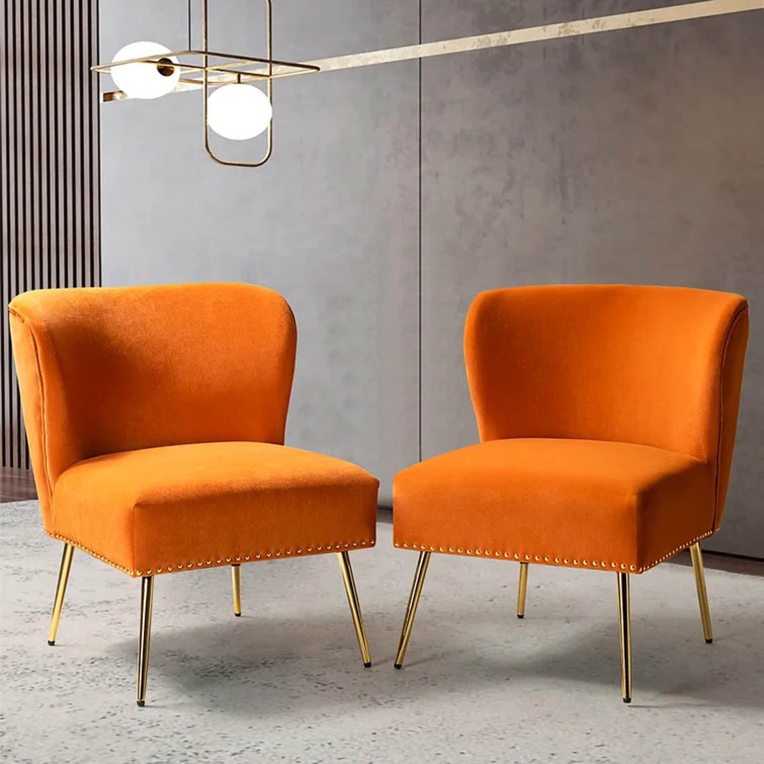 Minimalist Design Orange Velvet Lounge Chairs Set Of 2 - Decor Smart