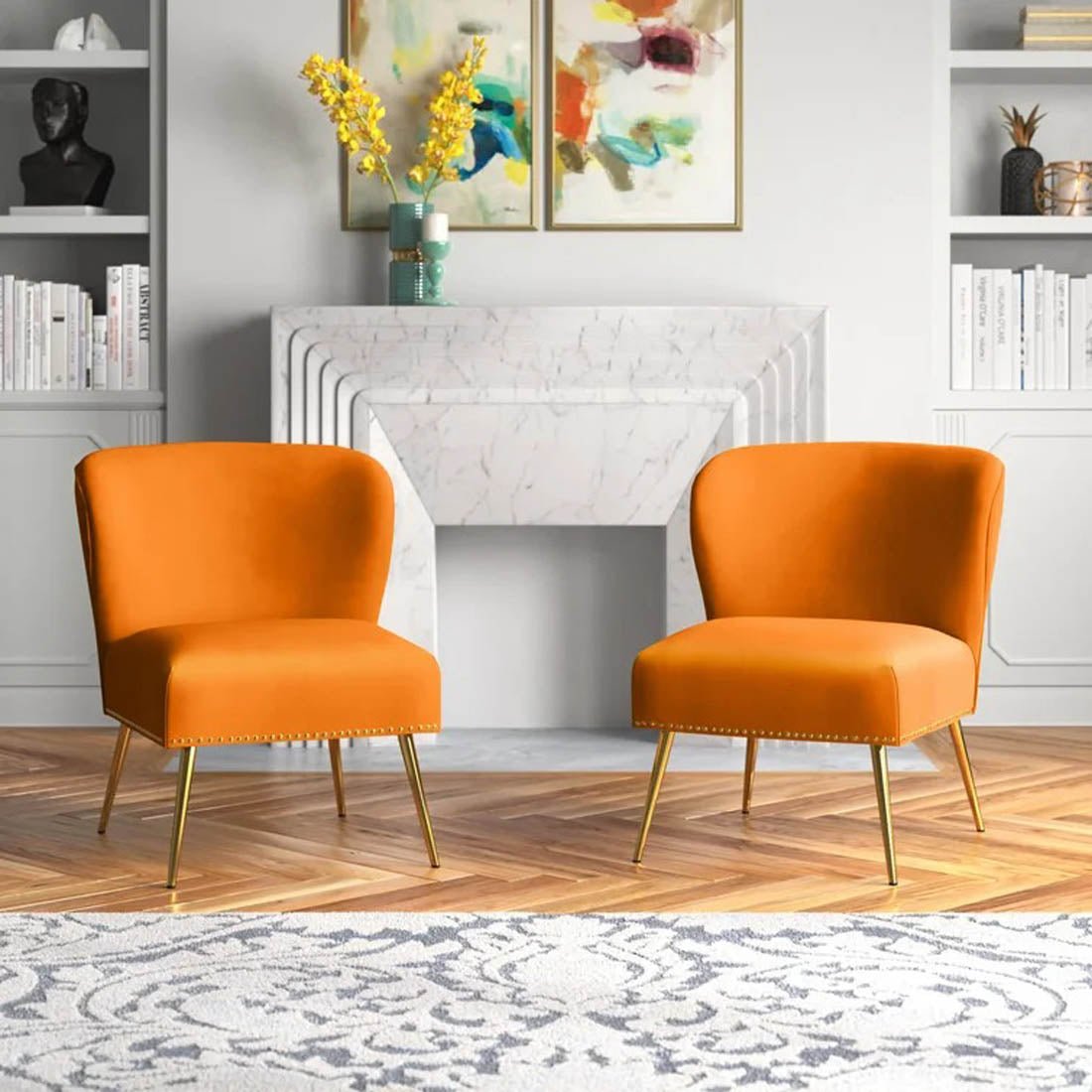 Minimalist Design Orange Velvet Lounge Chairs Set Of 2 - Decor Smart