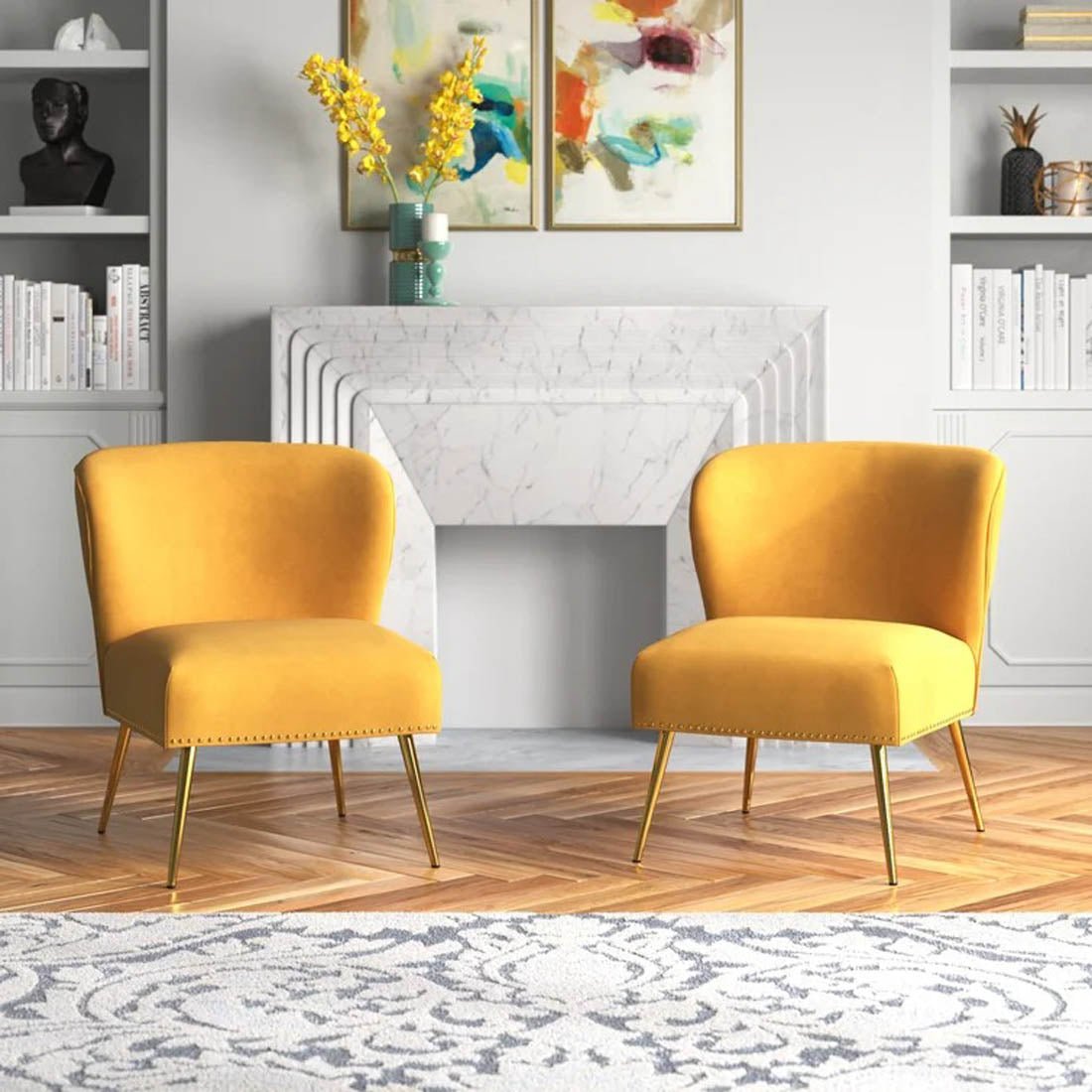 Minimalist Design Yellow Velvet Lounge Chairs Set Of 2 - Decor Smart