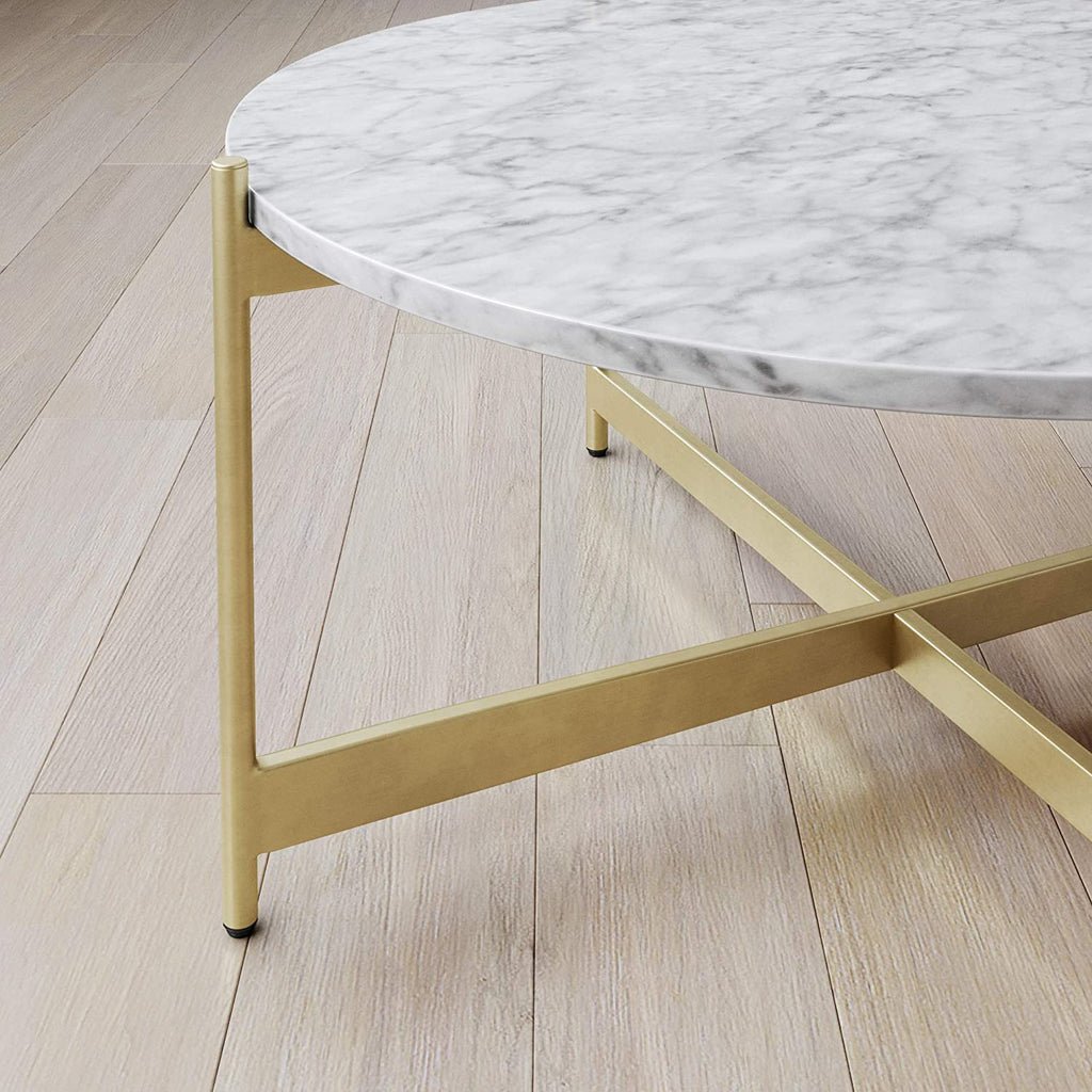 Minimalist Metal Center Table in Criss Cross Matte Finish Gold Base - Decor Smart