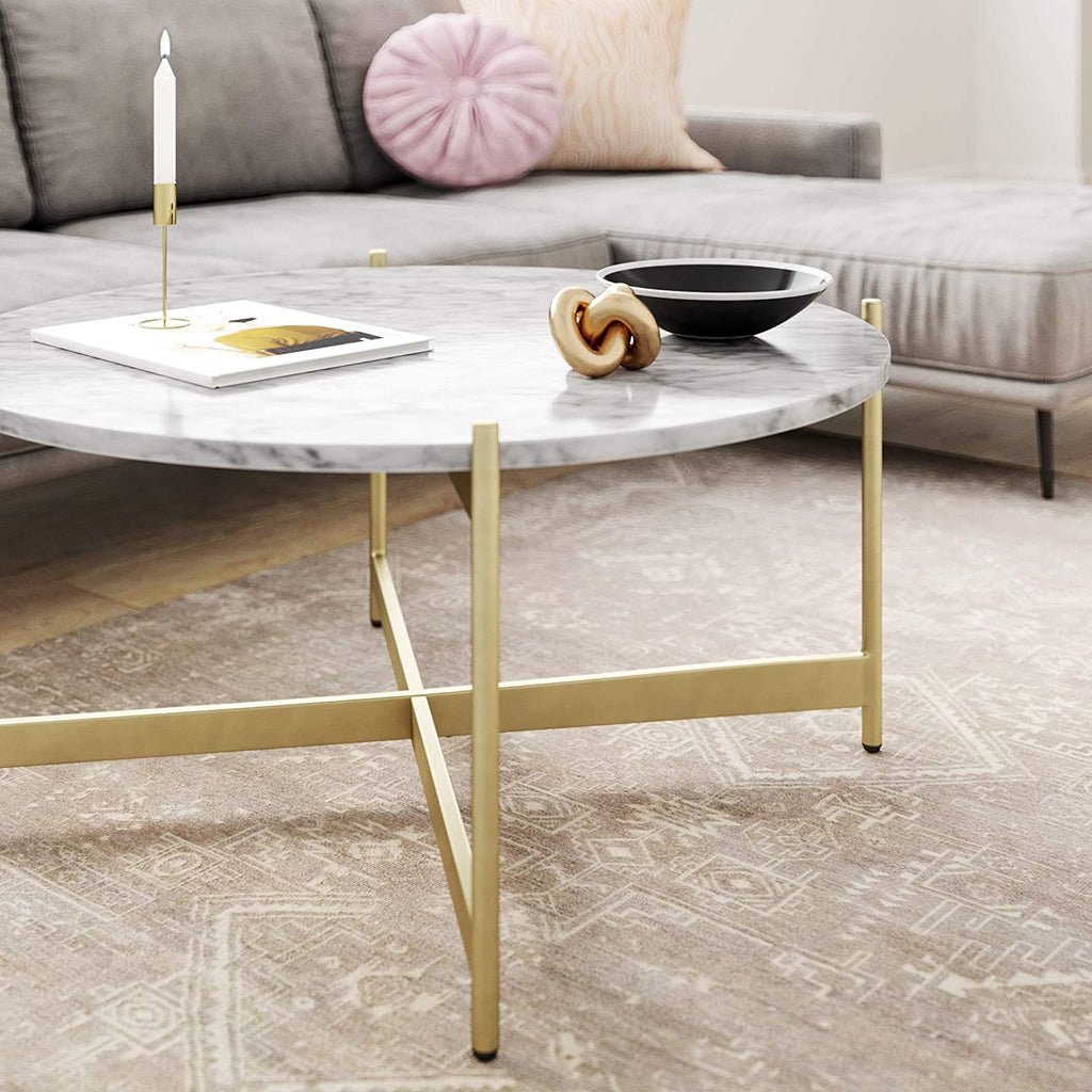 Minimalist Metal Center Table in Criss Cross Matte Finish Gold Base - Decor Smart