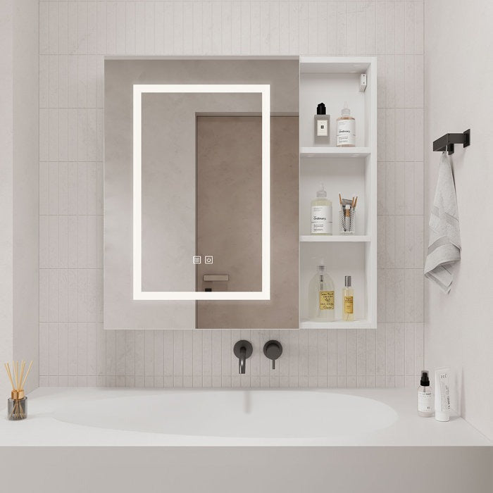 Minimalist Wall Cabinet with Backlit Mirror and Shelf Space