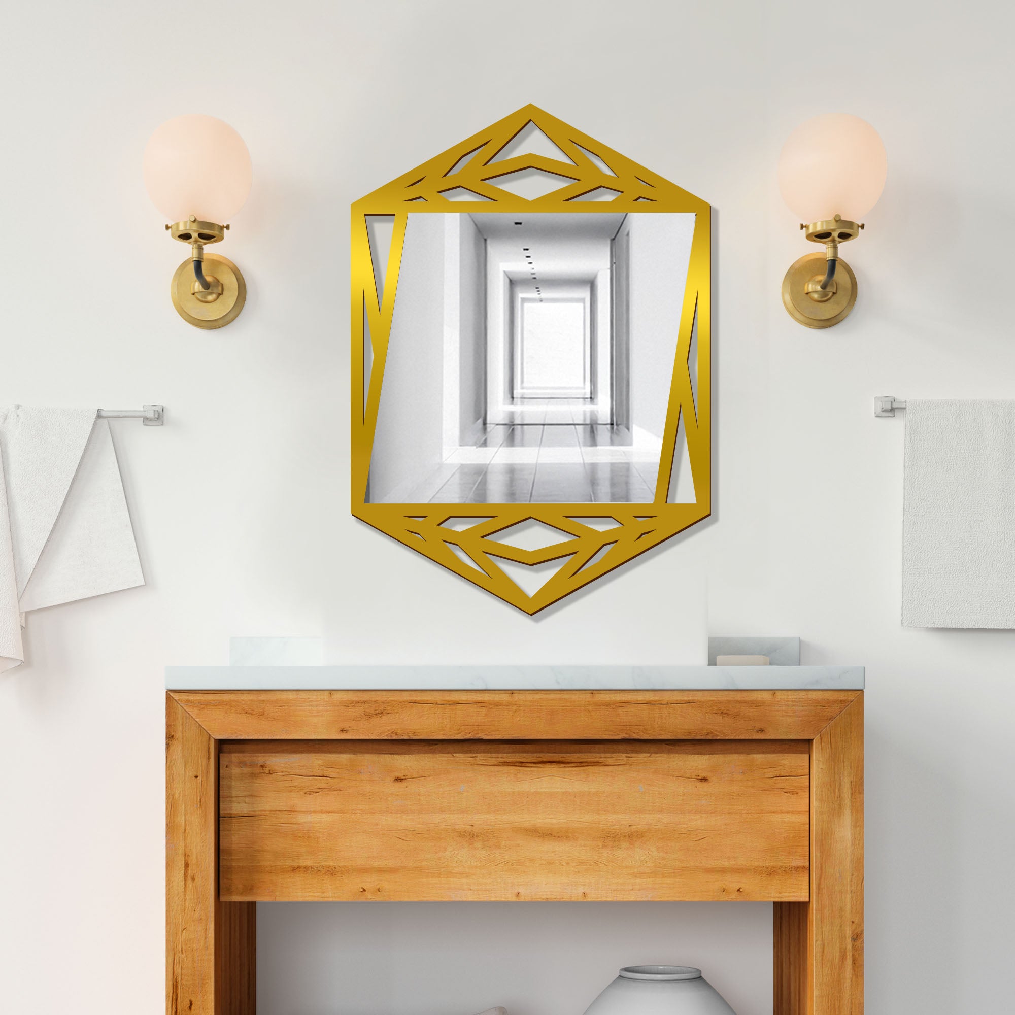 Minimalistic Geometrical Shape Wooden Golden Finish Wooden Vanity Mirror - Decor Smart