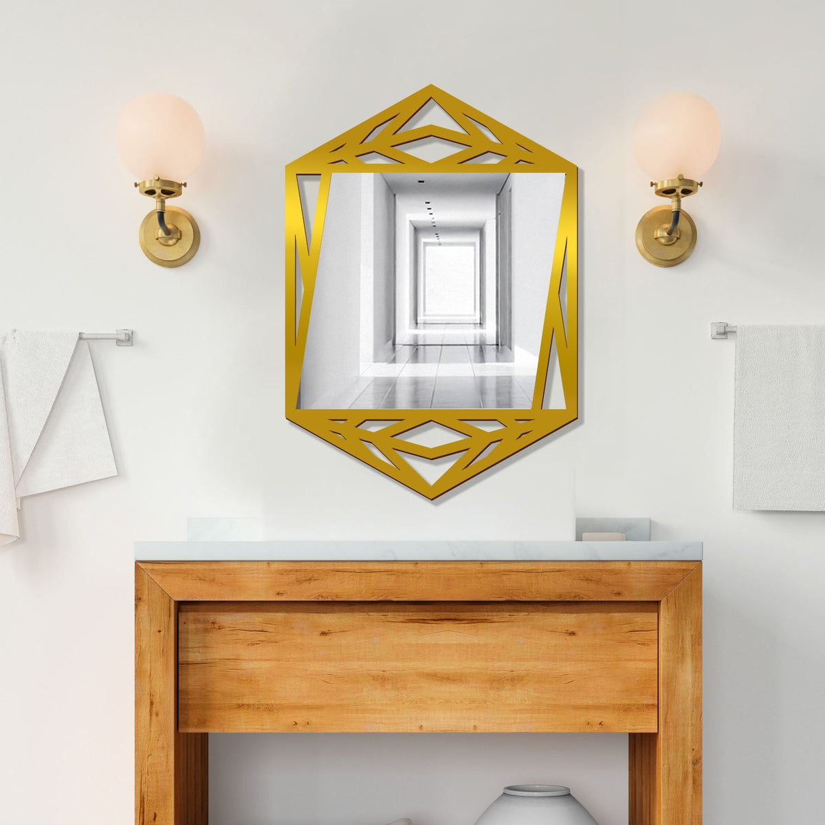 Minimalistic Geometrical Shape Wooden Golden Finish Wooden Vanity Mirror - Decor Smart