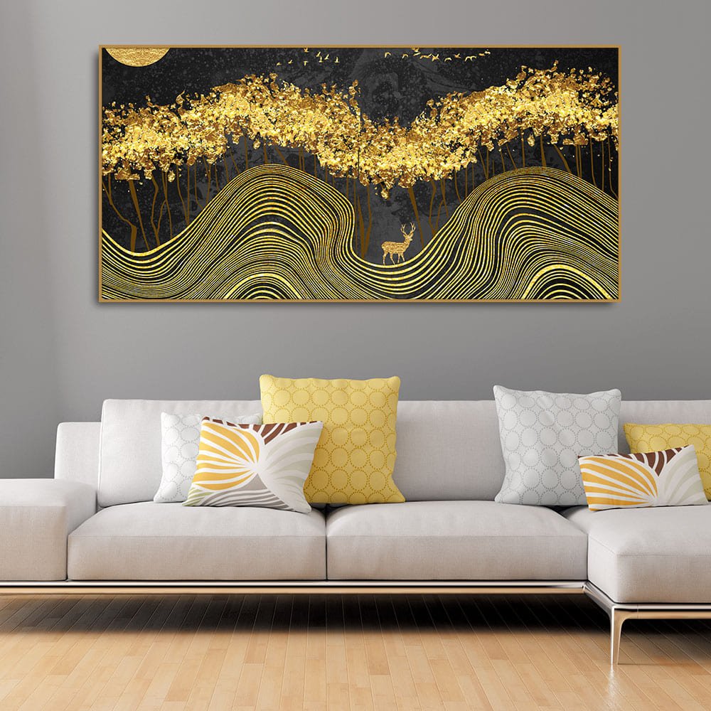 Miraculous Landscape with Golden Deer Texture Canvas Wall Painting - Decor Smart