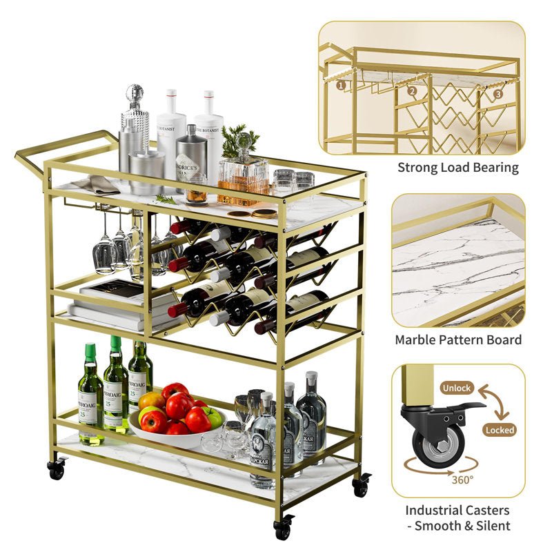 Mirvjena 3 - Tier Metal Bar Cart with Wine Rack and Glass Storage - Decor Smart