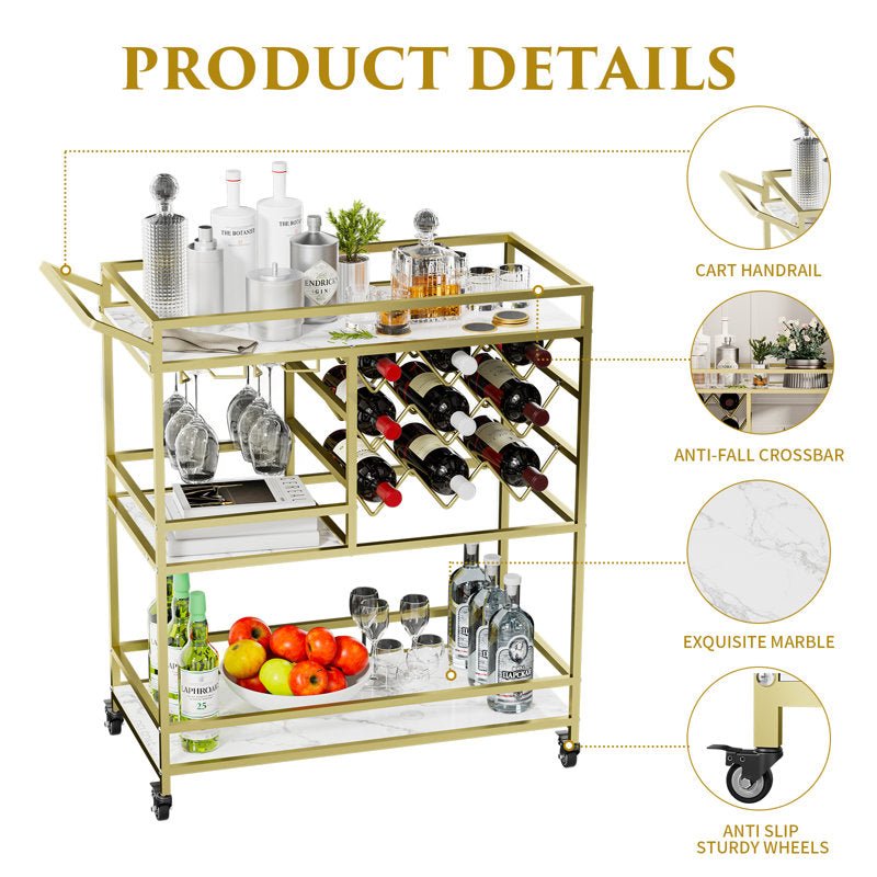Mirvjena 3 - Tier Metal Bar Cart with Wine Rack and Glass Storage - Decor Smart