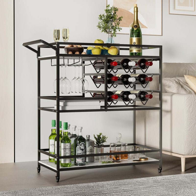 Mirvjena 3 - Tier Metal Bar Cart with Wine Rack and Glass Storage - Decor Smart