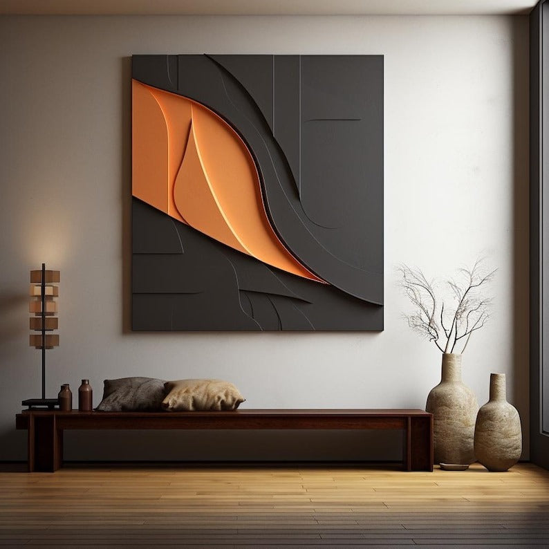 Modern 3D Wall Art Panel with Black and Orange Abstract Design