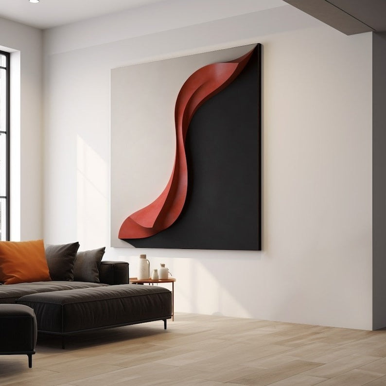 Modern 3D Wall Art Panel with Red Wave on Black and White Background