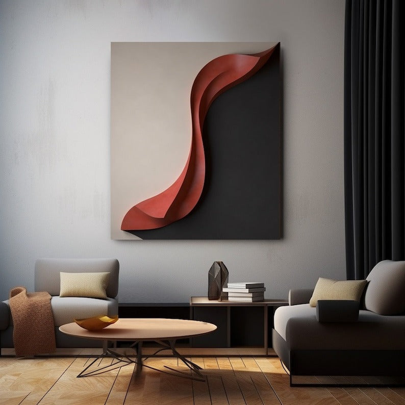 Modern 3D Wall Art Panel with Red Wave on Black and White Background