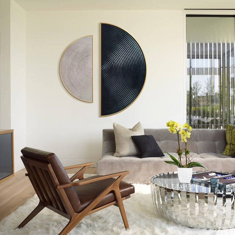 Modern 3D Wall Art Set in Black and Silver Half Circle Design