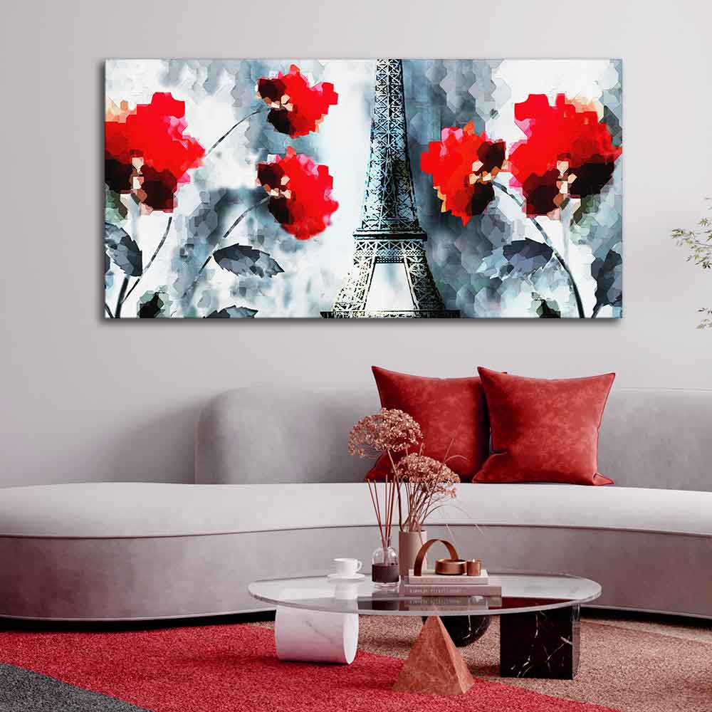 Modern Abstract Art Eiffel Tower and Flowers Wall Painting - Decor Smart