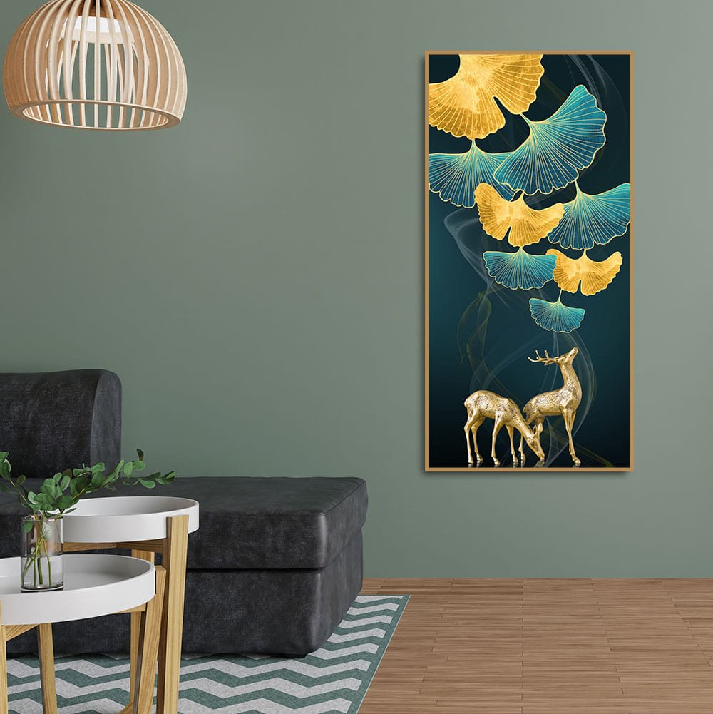 Modern Abstract Green Leaf with Deer Premium Canvas Wall Painting - Decor Smart