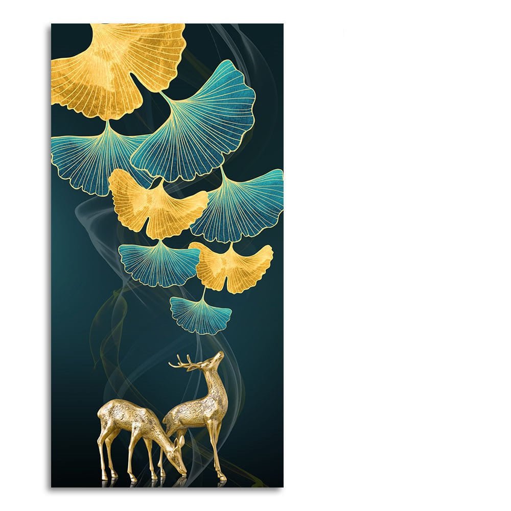 Modern Abstract Green Leaf with Deer Premium Canvas Wall Painting - Decor Smart