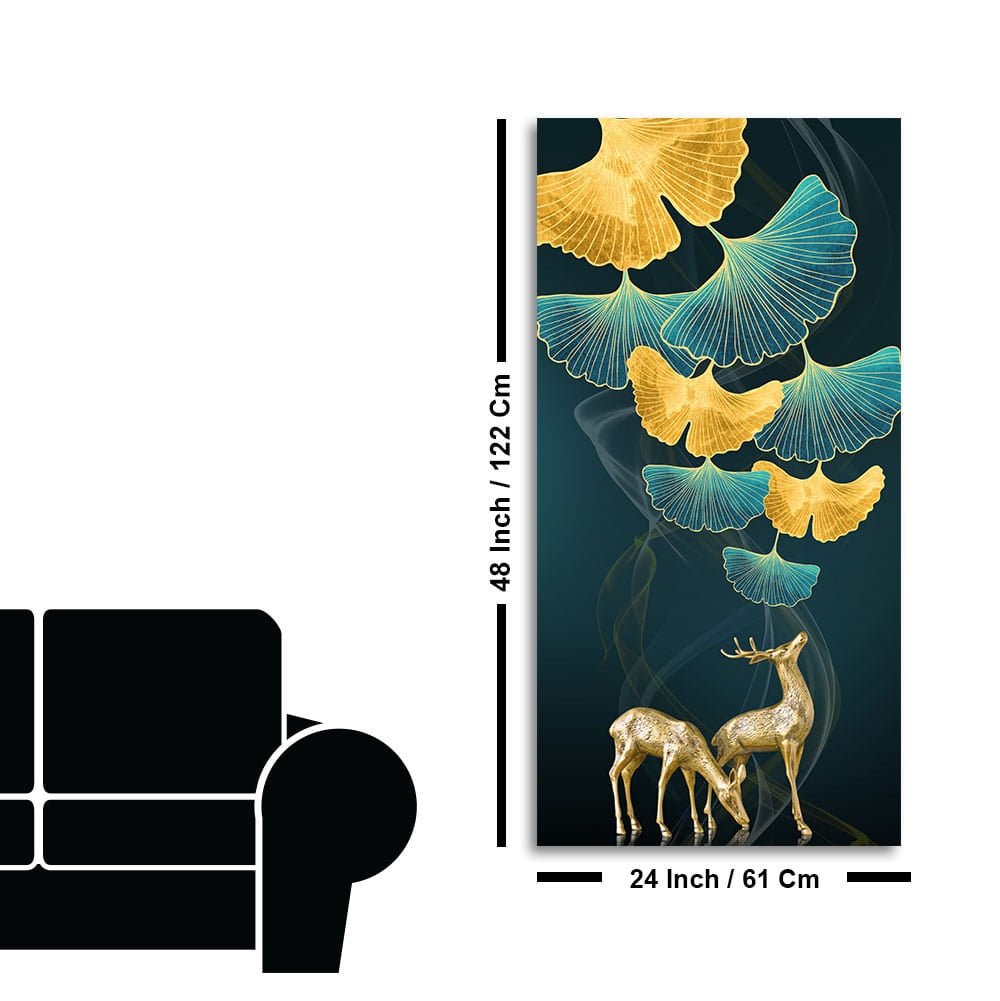 Modern Abstract Green Leaf with Deer Premium Canvas Wall Painting - Decor Smart