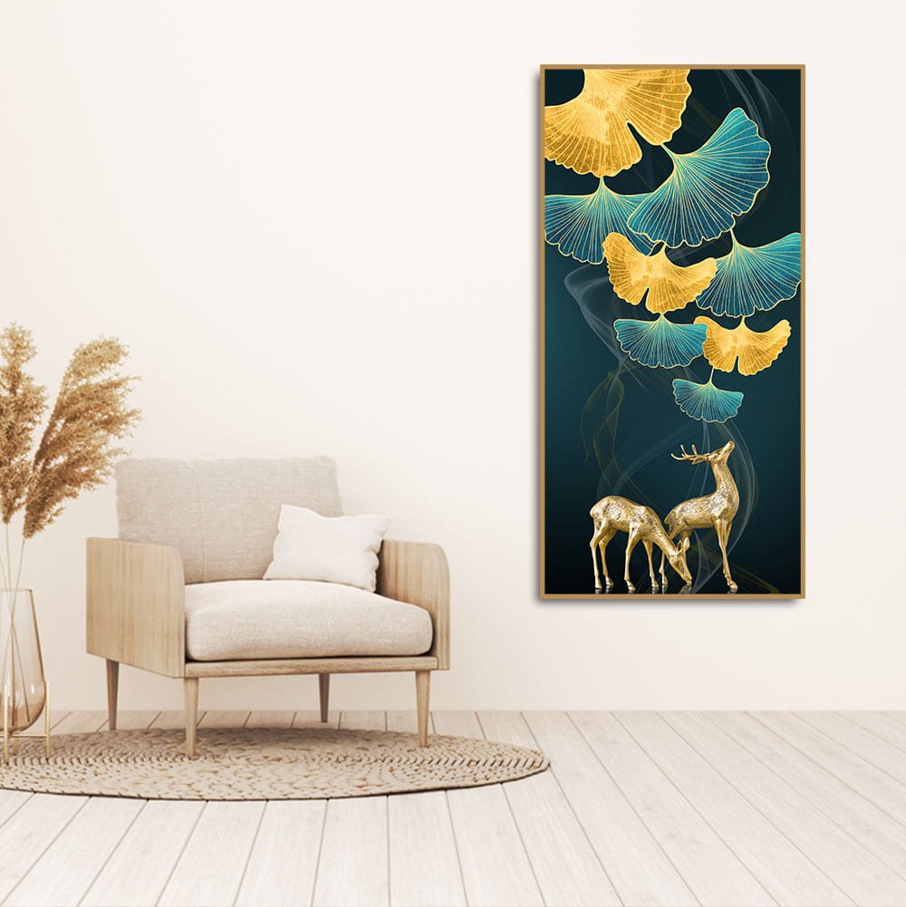 Modern Abstract Green Leaf with Deer Premium Canvas Wall Painting - Decor Smart