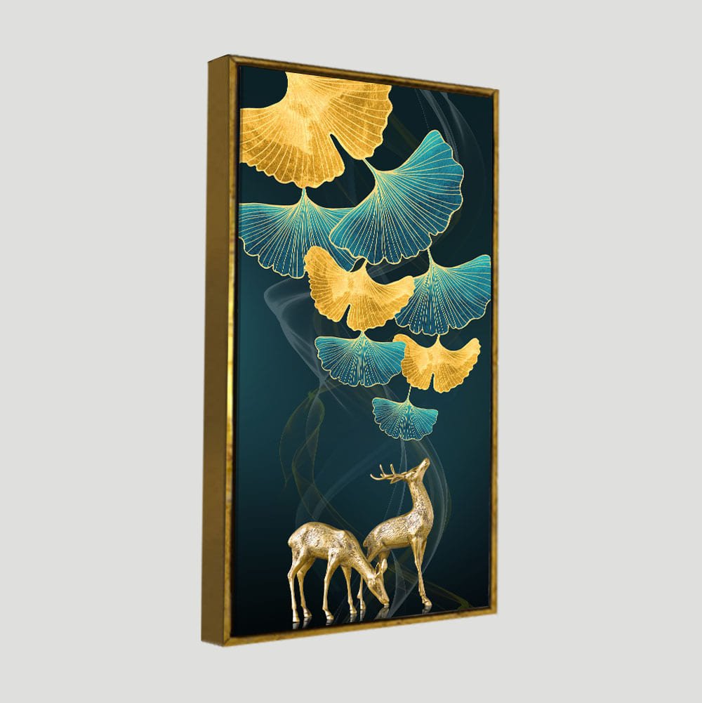 Modern Abstract Green Leaf with Deer Premium Canvas Wall Painting - Decor Smart
