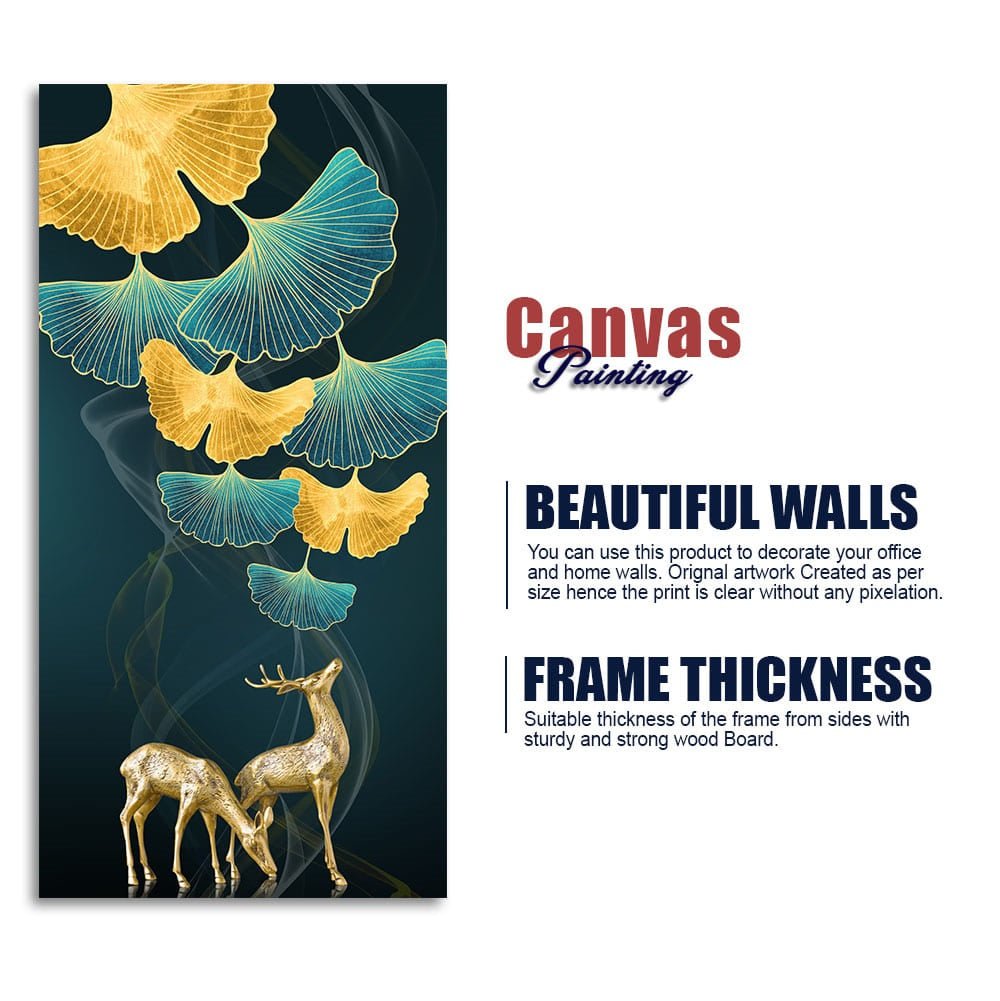 Modern Abstract Green Leaf with Deer Premium Canvas Wall Painting - Decor Smart