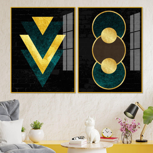 Modern Artistic Geometric Shapes Acrylic Floating Wall Painting Set Of 2 - Decor Smart