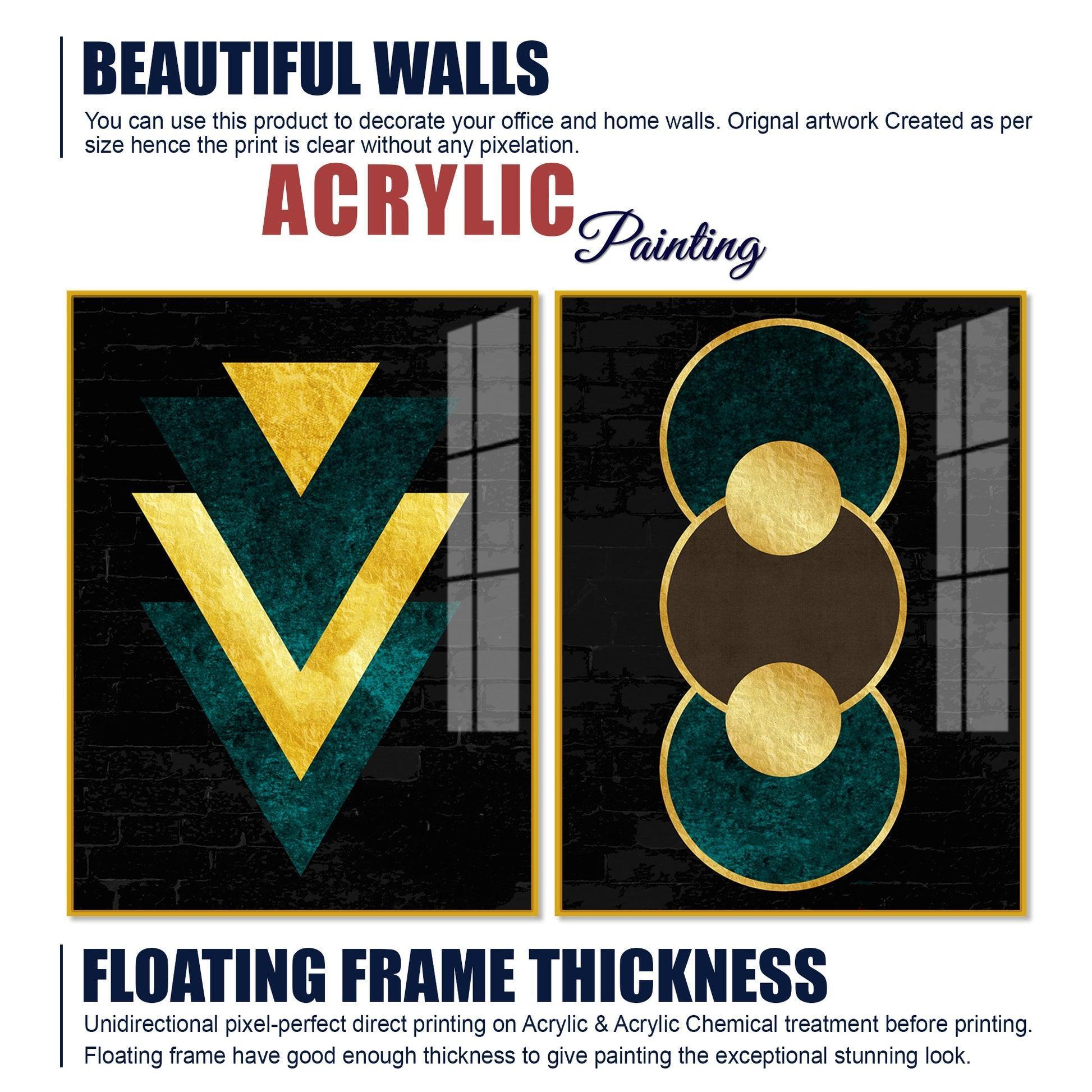 Modern Artistic Geometric Shapes Acrylic Floating Wall Painting Set Of 2 - Decor Smart