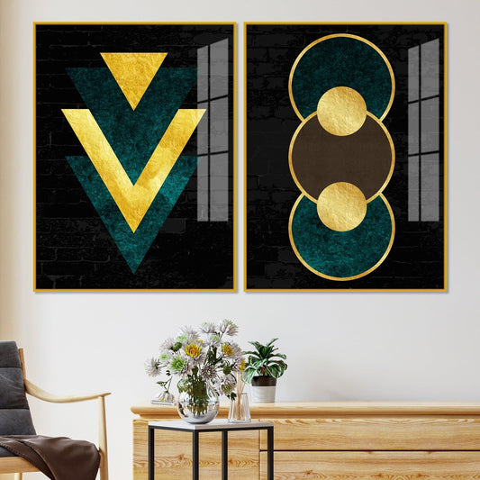 Modern Artistic Geometric Shapes Acrylic Floating Wall Painting Set Of 2 - Decor Smart