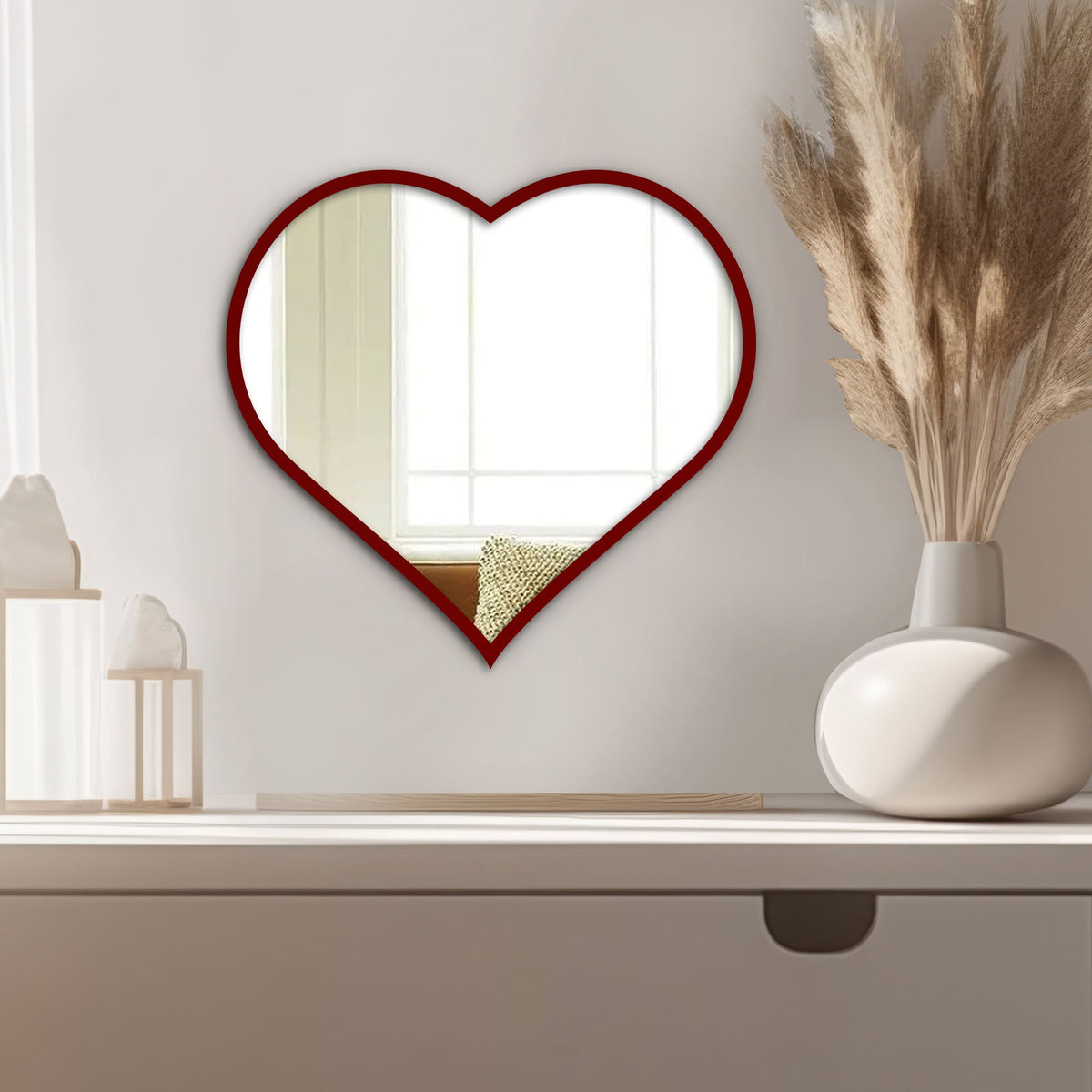 Modern Attractive Heart Shape Mirror with Red Finish Frame - Decor Smart