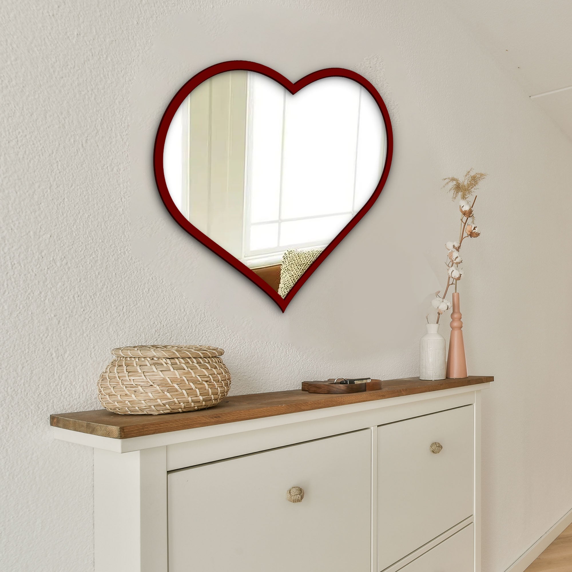 Modern Attractive Heart Shape Mirror with Red Finish Frame - Decor Smart