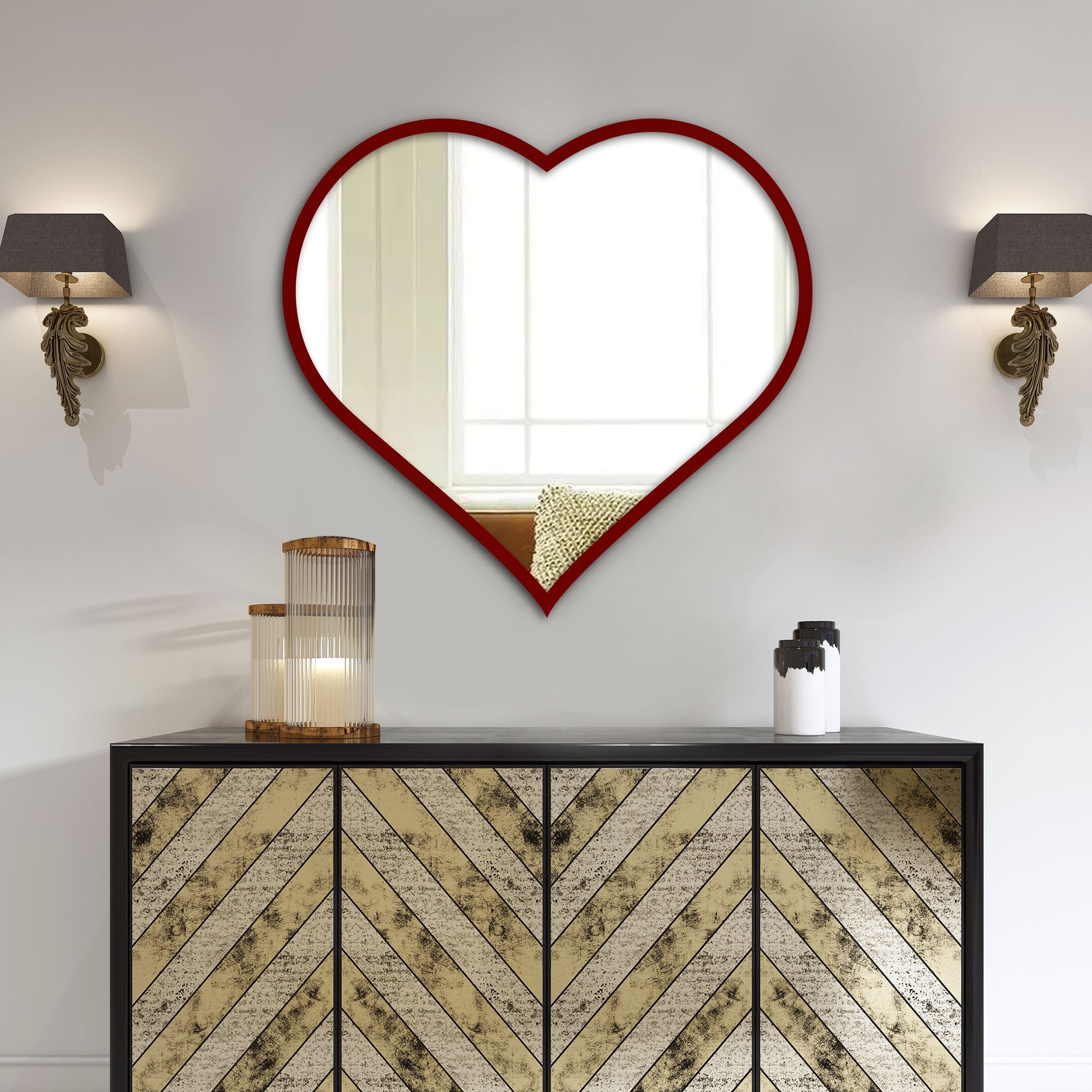 Modern Attractive Heart Shape Mirror with Red Finish Frame - Decor Smart