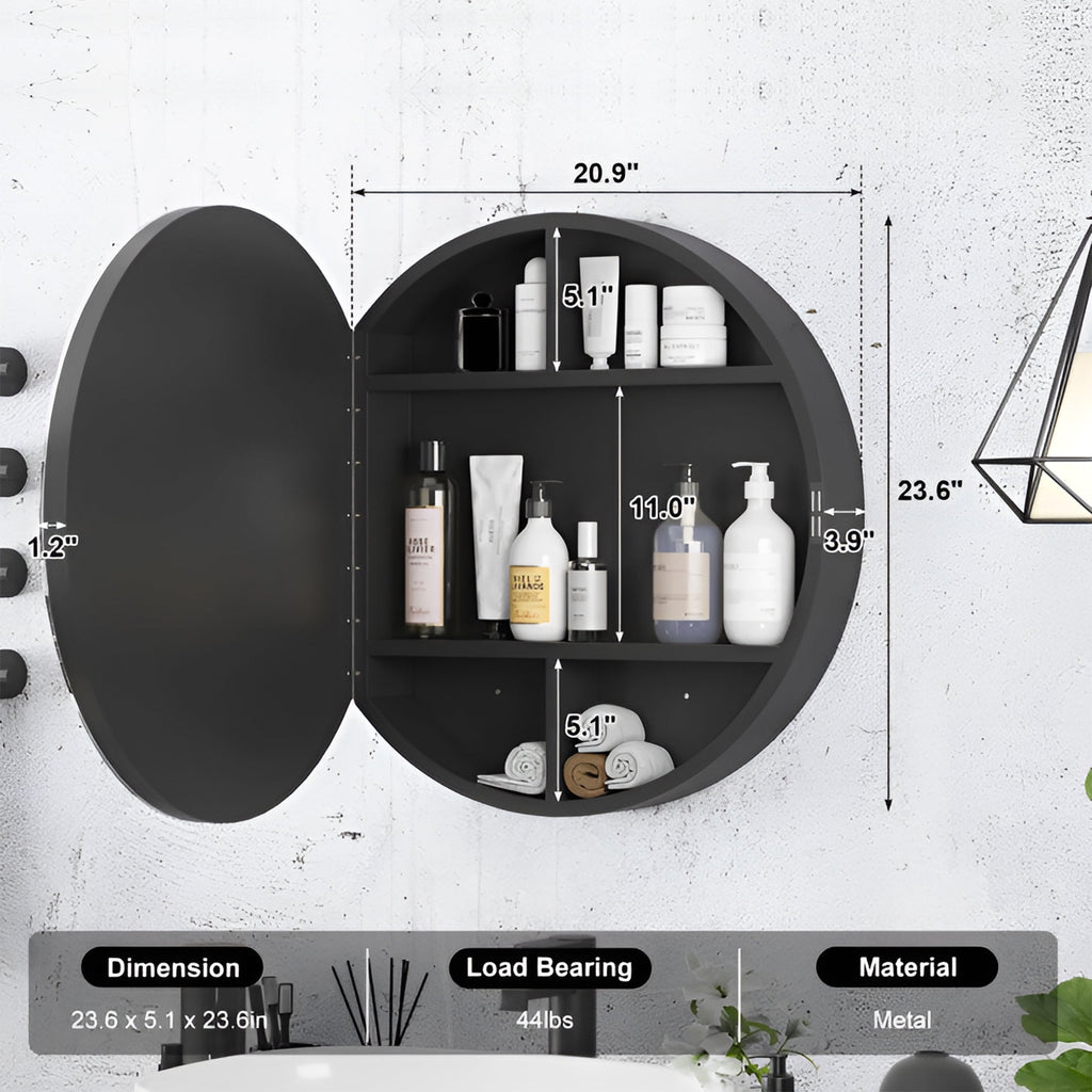 Modern Bathroom Round Mirror Cabinet with LED Rim and Organizer Space