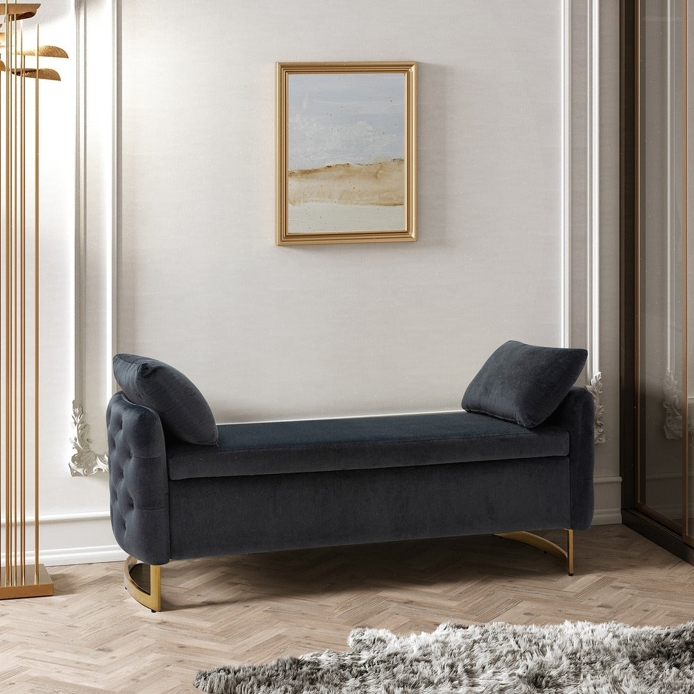 Modern Black Upholstered Storage Bench with Gold Legs