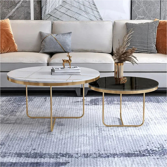 Modern Black & White Round Shaped Nesting Coffee Table Set of 2 - Decor Smart