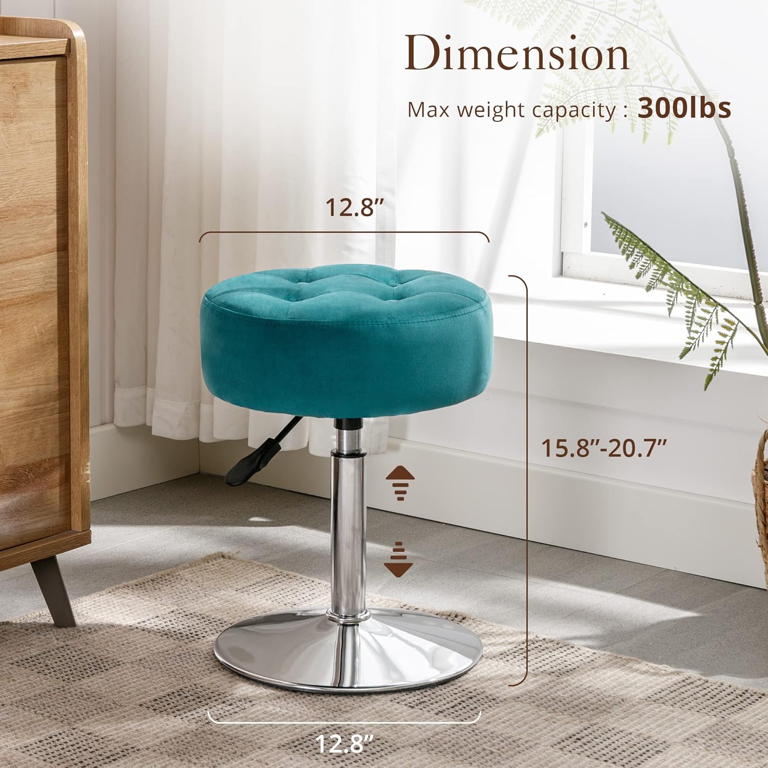 Modern Blue Adjustable Vanity Stool with Tufted Cushion