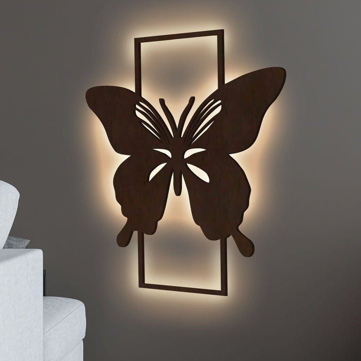 Modern Butterfly Art Backlit Wooden Wall Decor with LED Night Light Walnut Finish - Decor Smart