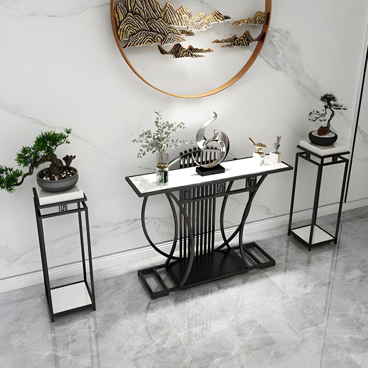 Modern Contemporary White Marble Black Console Table - Decor Smart
