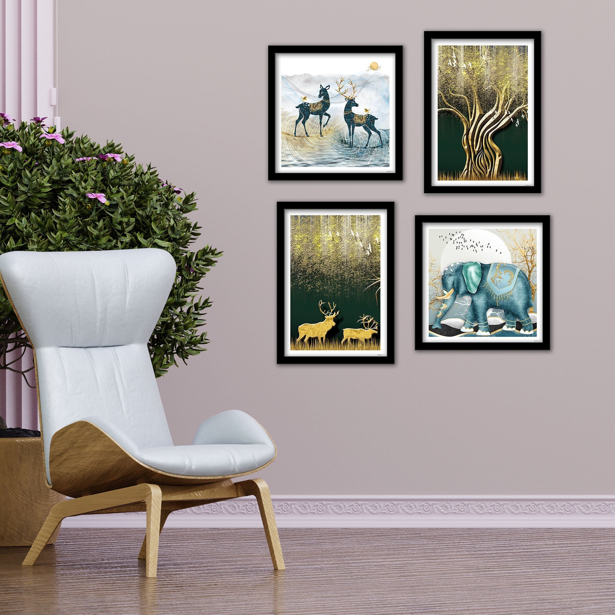 Modern Decorative Animals Art Wall Frame Set of Four