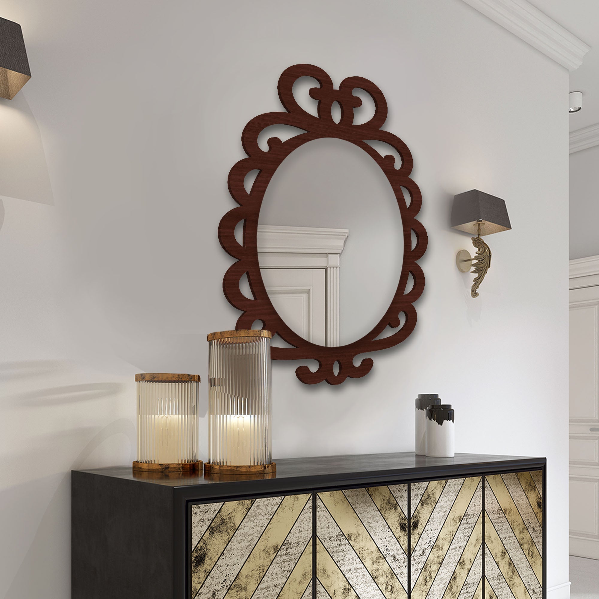 Modern Decorative Brown Oval Shape Wooden Wall Mirror - Decor Smart