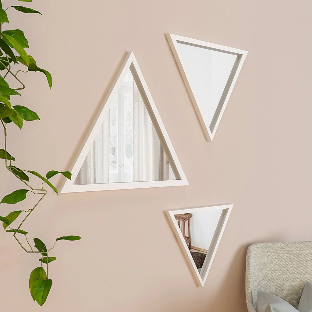 Modern Design Triangular Look Set of 3 Wooden Decorative Wall Mirror ( White / Brown Finish ) - Decor Smart