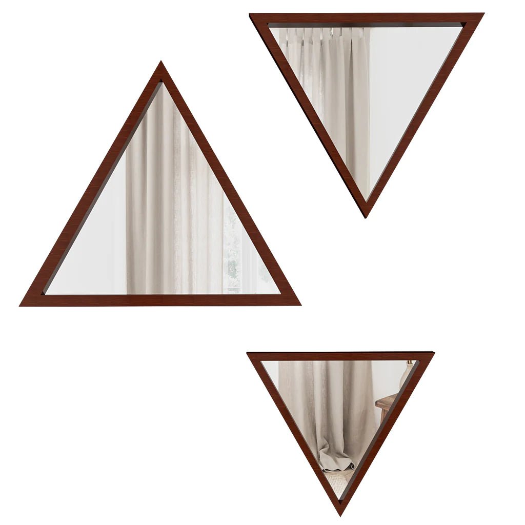 Modern Design Triangular Look Set of 3 Wooden Decorative Wall Mirror ( White / Brown Finish ) - Decor Smart