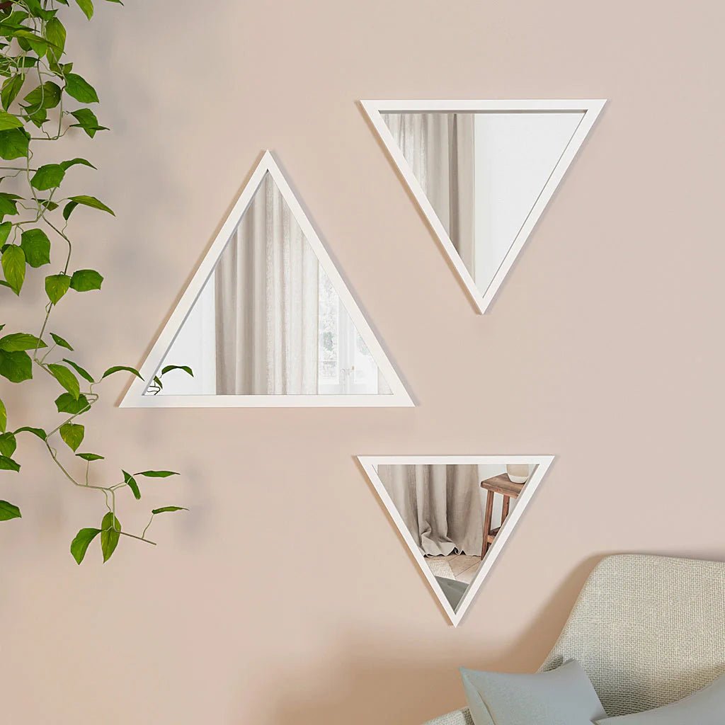 Modern Design Triangular Look Set of 3 Wooden Decorative Wall Mirror ( White / Brown Finish ) - Decor Smart