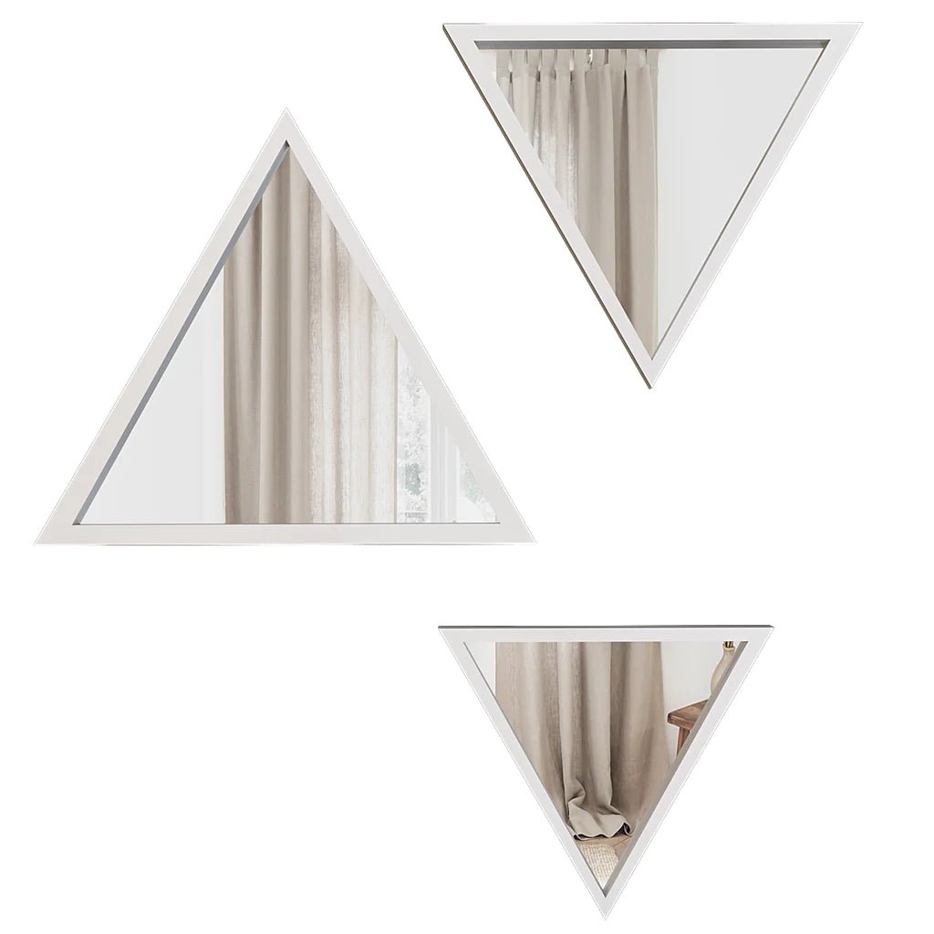 Modern Design Triangular Look Set of 3 Wooden Decorative Wall Mirror ( White / Brown Finish ) - Decor Smart