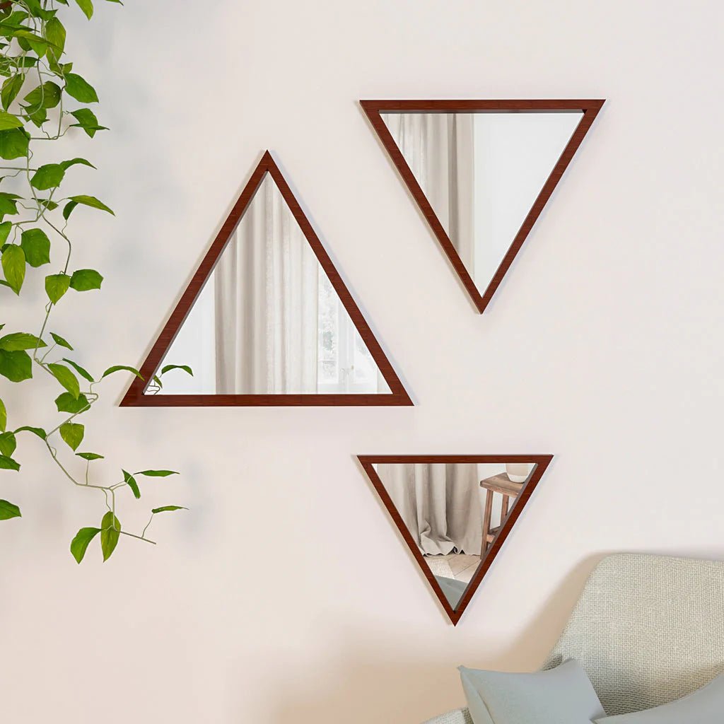 Modern Design Triangular Look Set of 3 Wooden Decorative Wall Mirror ( White / Brown Finish ) - Decor Smart
