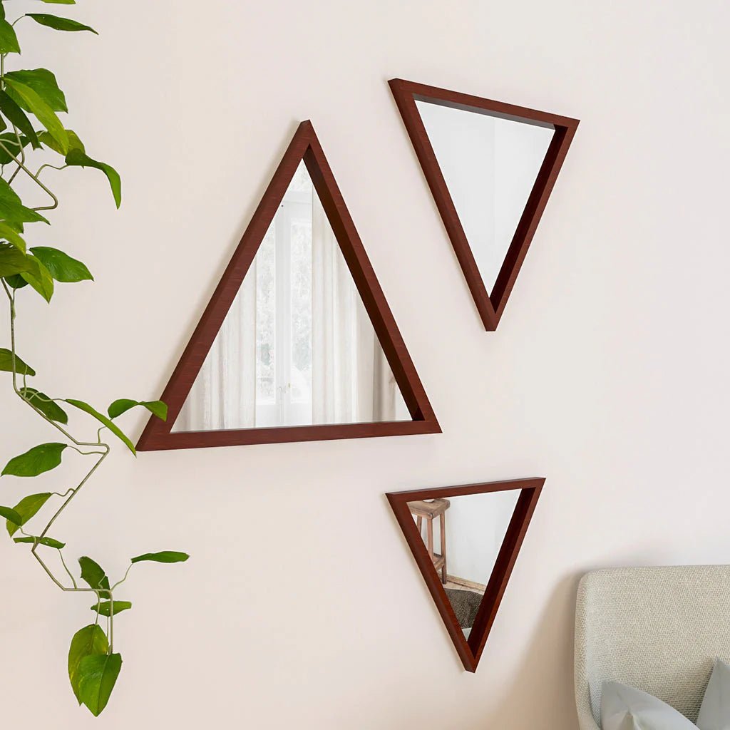 Modern Design Triangular Look Set of 3 Wooden Decorative Wall Mirror ( White / Brown Finish ) - Decor Smart