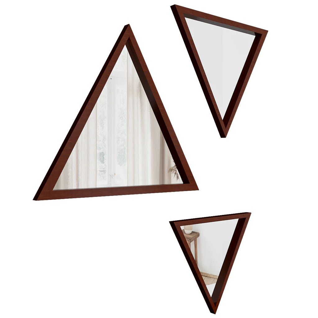 Modern Design Triangular Look Set of 3 Wooden Decorative Wall Mirror ( White / Brown Finish ) - Decor Smart