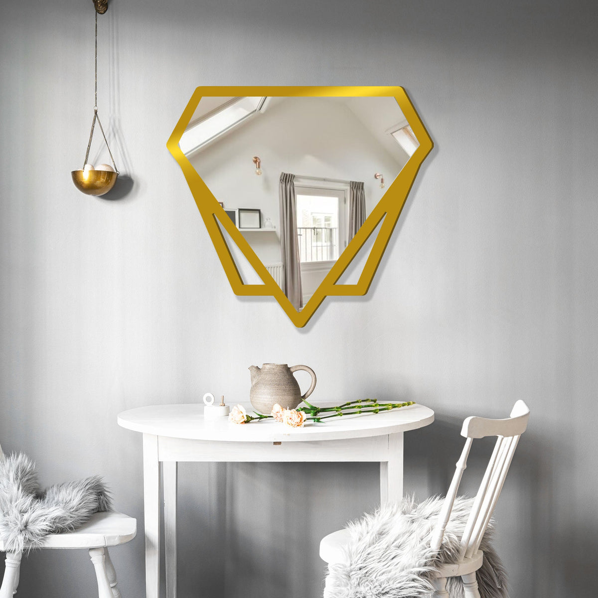 Modern Diamond Shape Vanity Mirror Wooden Golden Finish Frame - Decor Smart