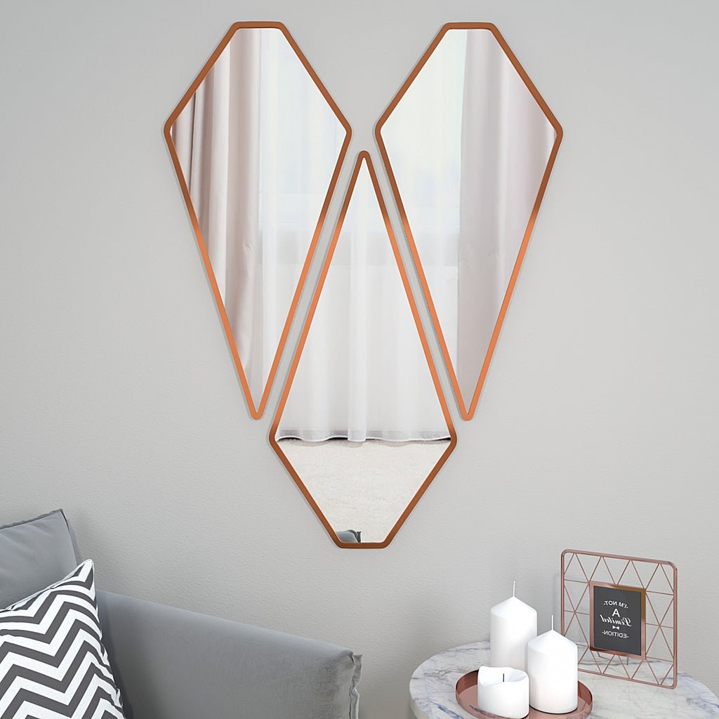 Modern Diamond Shape Vanity Mirrors Set of 3 with Copper Finish Frame - Decor Smart