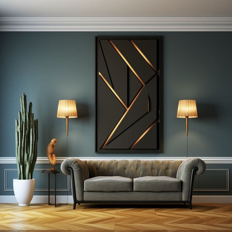 Modern Geometric Black and Gold Lines 3D Wall Art Home Decor