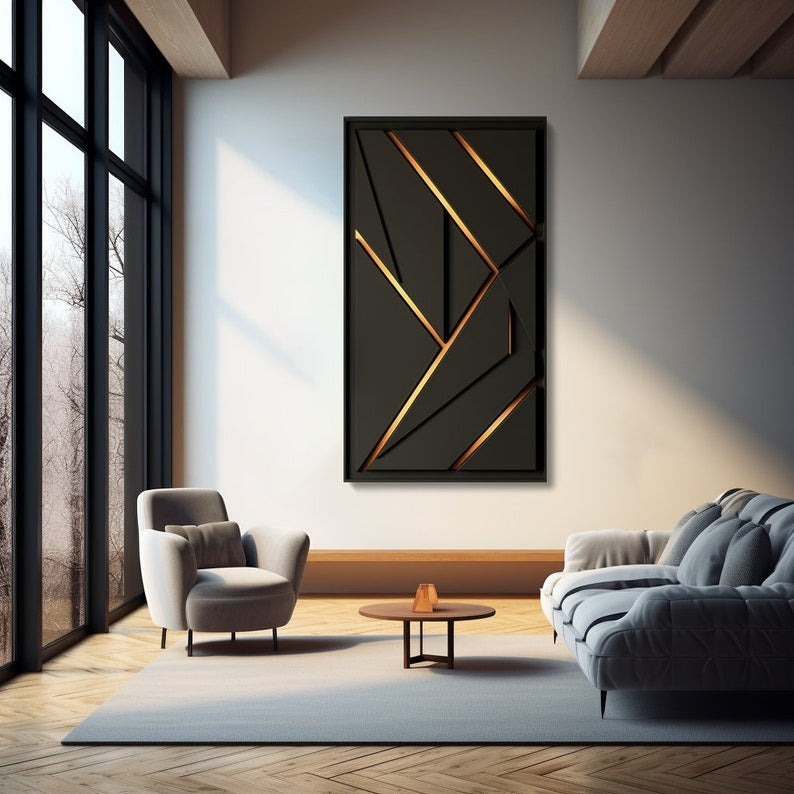 Modern Geometric Black and Gold Lines 3D Wall Art Home Decor