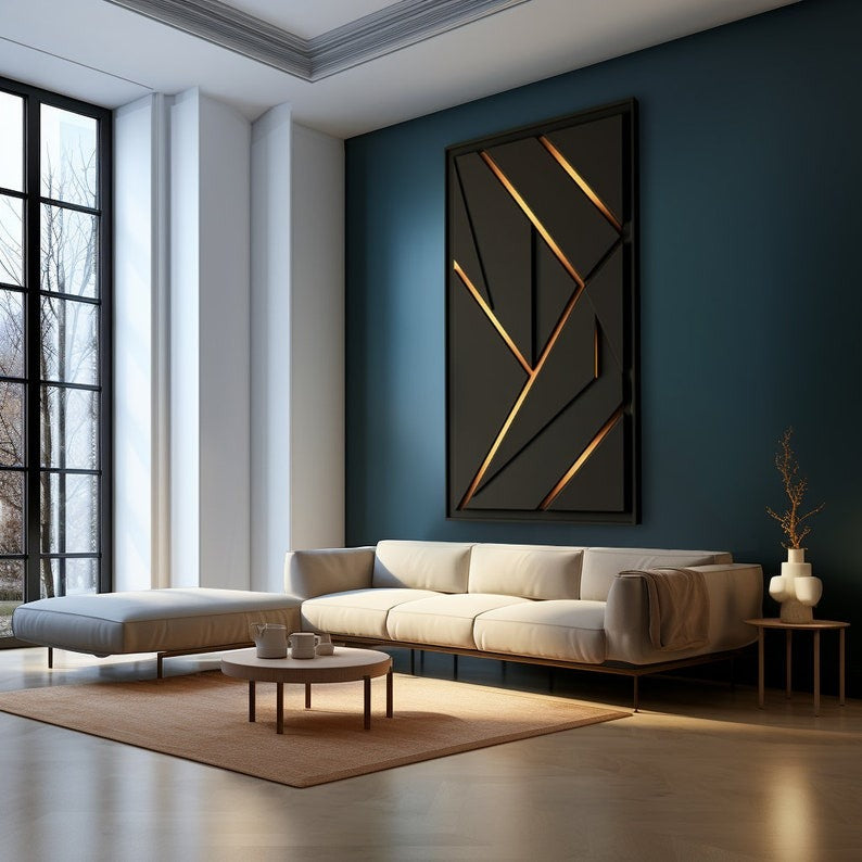 Modern Geometric Black and Gold Lines 3D Wall Art Home Decor