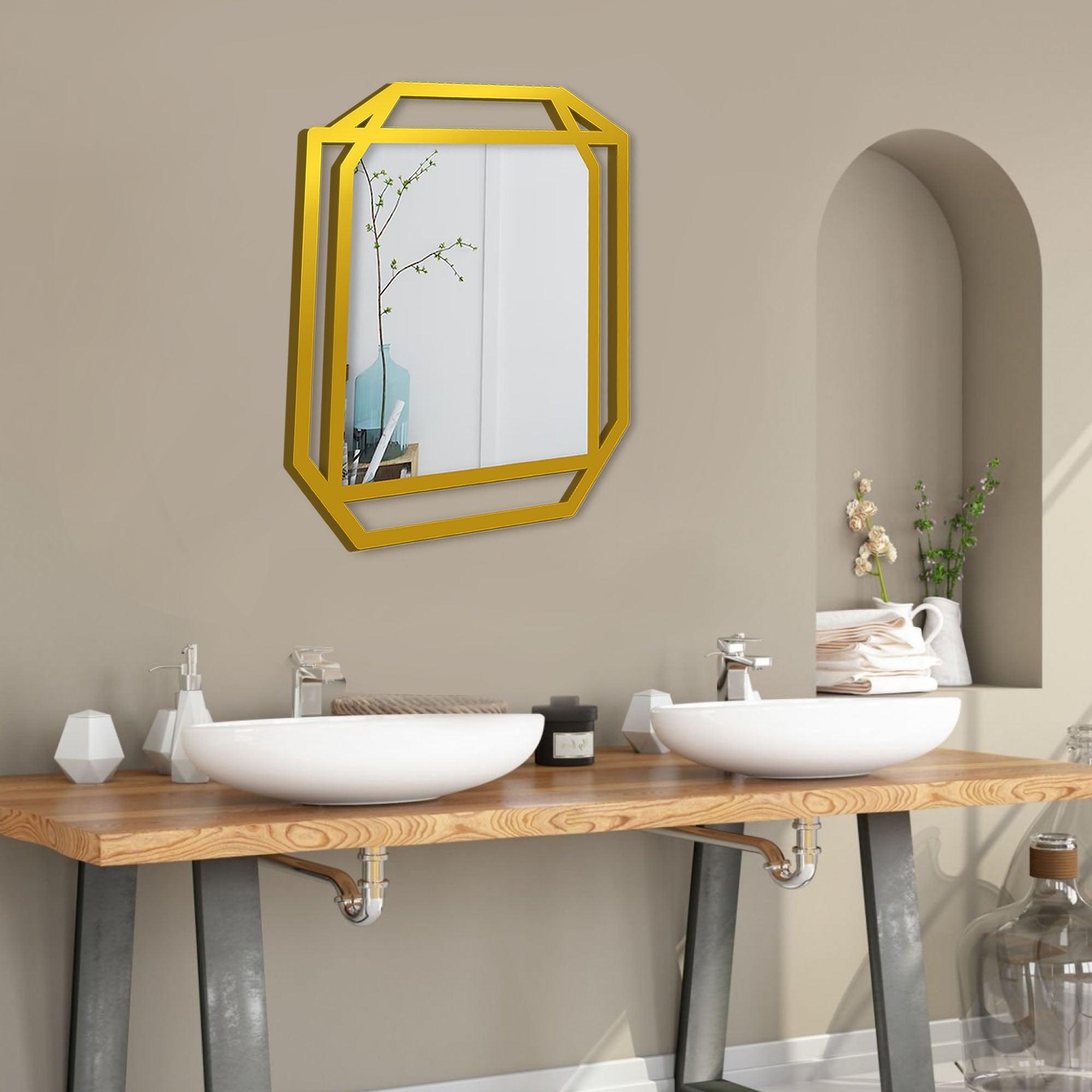 Modern Geometrical Rectangular Shape Golden Finish Wooden Vanity Mirror - Decor Smart